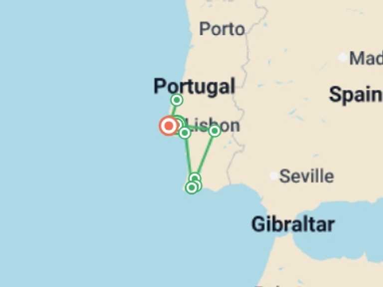 Map itinerary of Europe Tour in November 2026 with 4 destination visits for the trip: Sunny Portugal Lisbon, Alentejo, Algarve & Portuguese Riviera