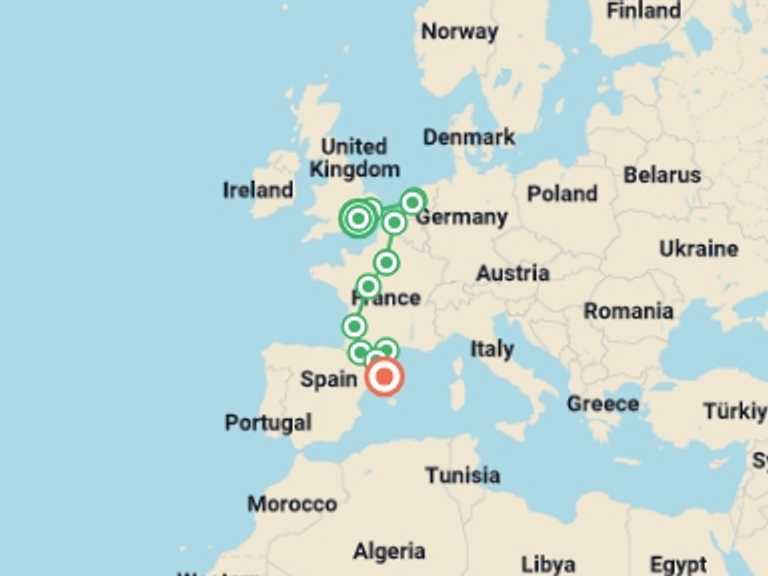 Map of Europe Tour with 8 destination visits for the trip: Remarkable Journey end Barcelona