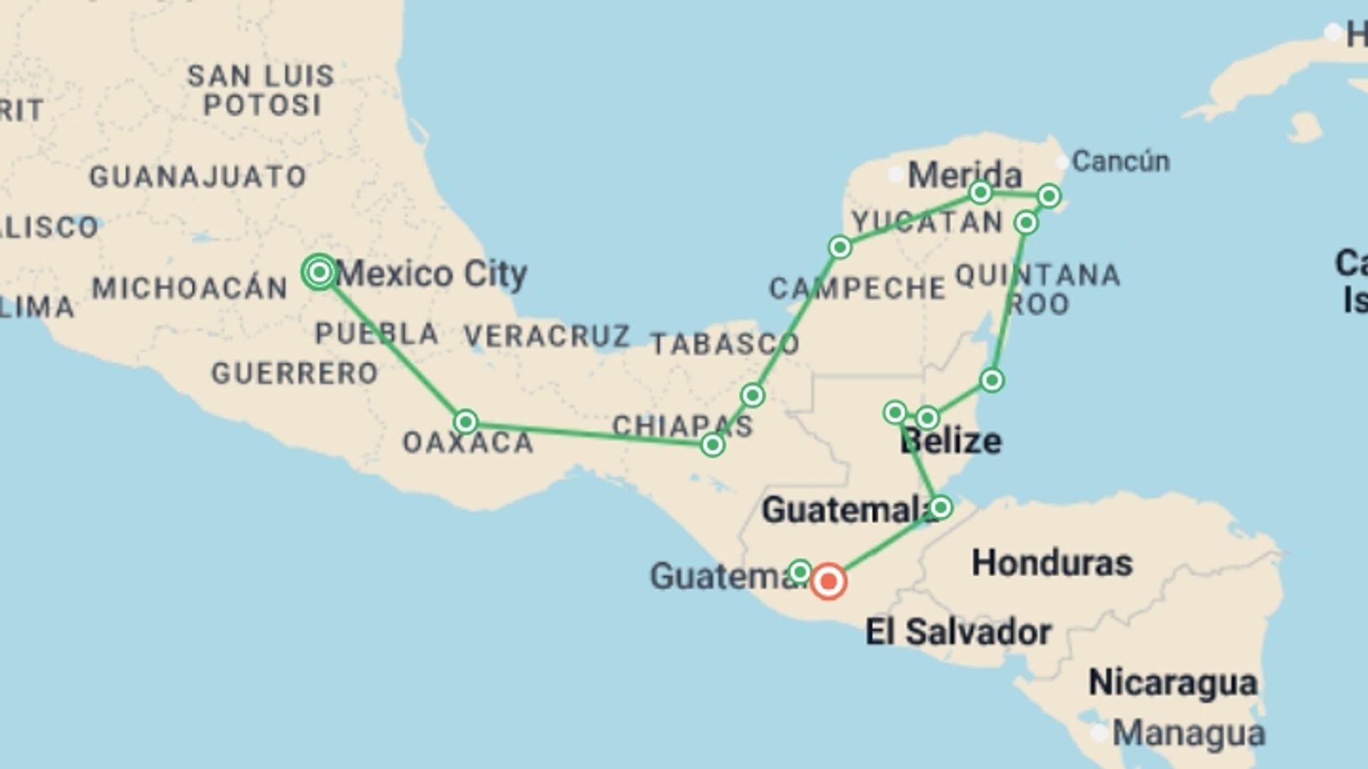 A map showing the tour itinerary for the trip: Epic Mexico, Belize & Guatemala, starting in Mexico City, Mexico and ending in Antigua, Guatemala going through 13 other destinations.