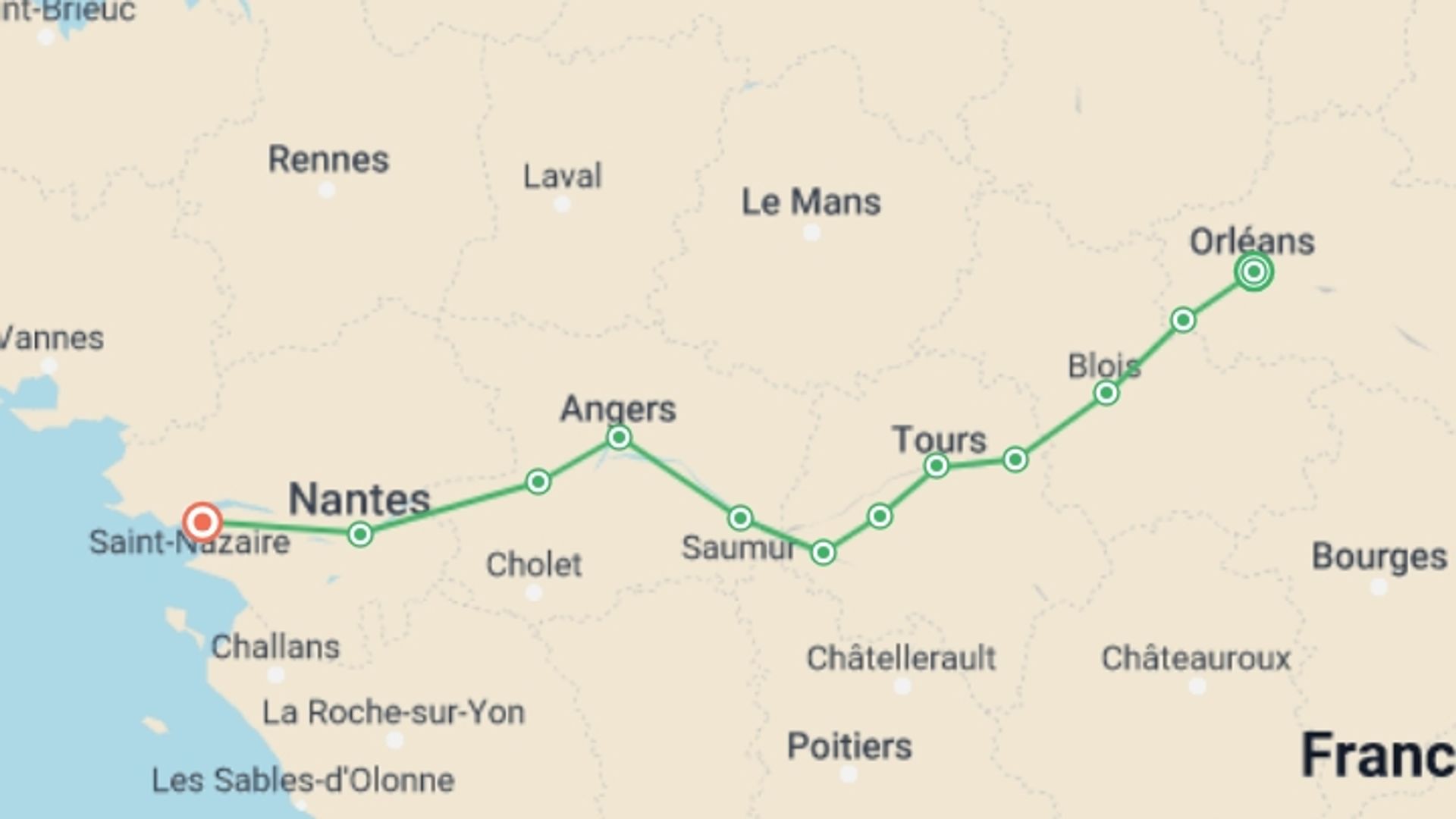 A map showing the tour itinerary for the trip: Cycle the Loire - Orléans to the Atlantic Coast, starting in Orléans, France and ending in St Brévin, France going through 13 other destinations.