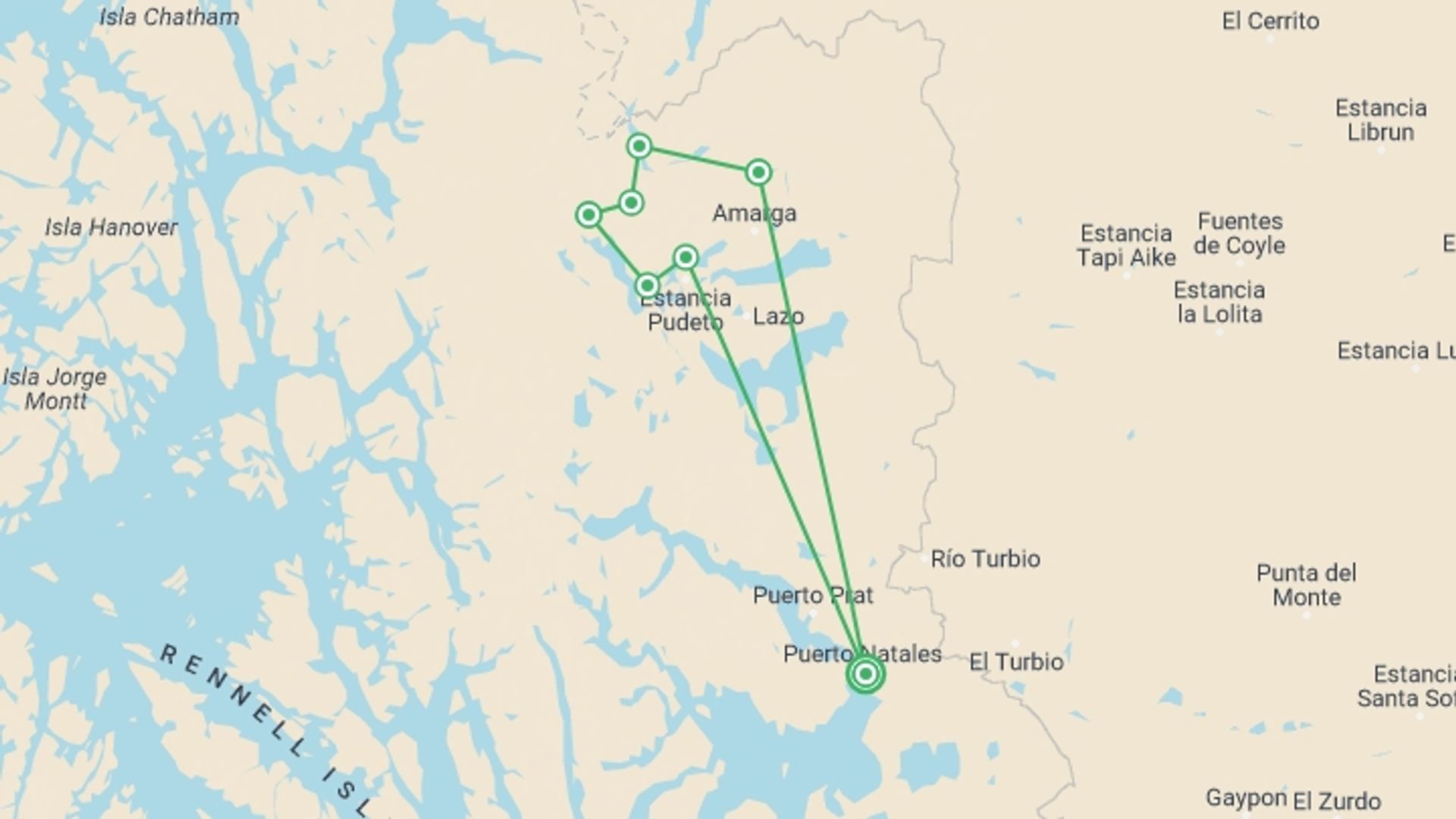 A map showing the tour itinerary for the trip: Torres del Paine - Full Circuit Trek, starting in Puerto Natales, Chile and ending in Puerto Natales, Chile going through 8 other destinations.