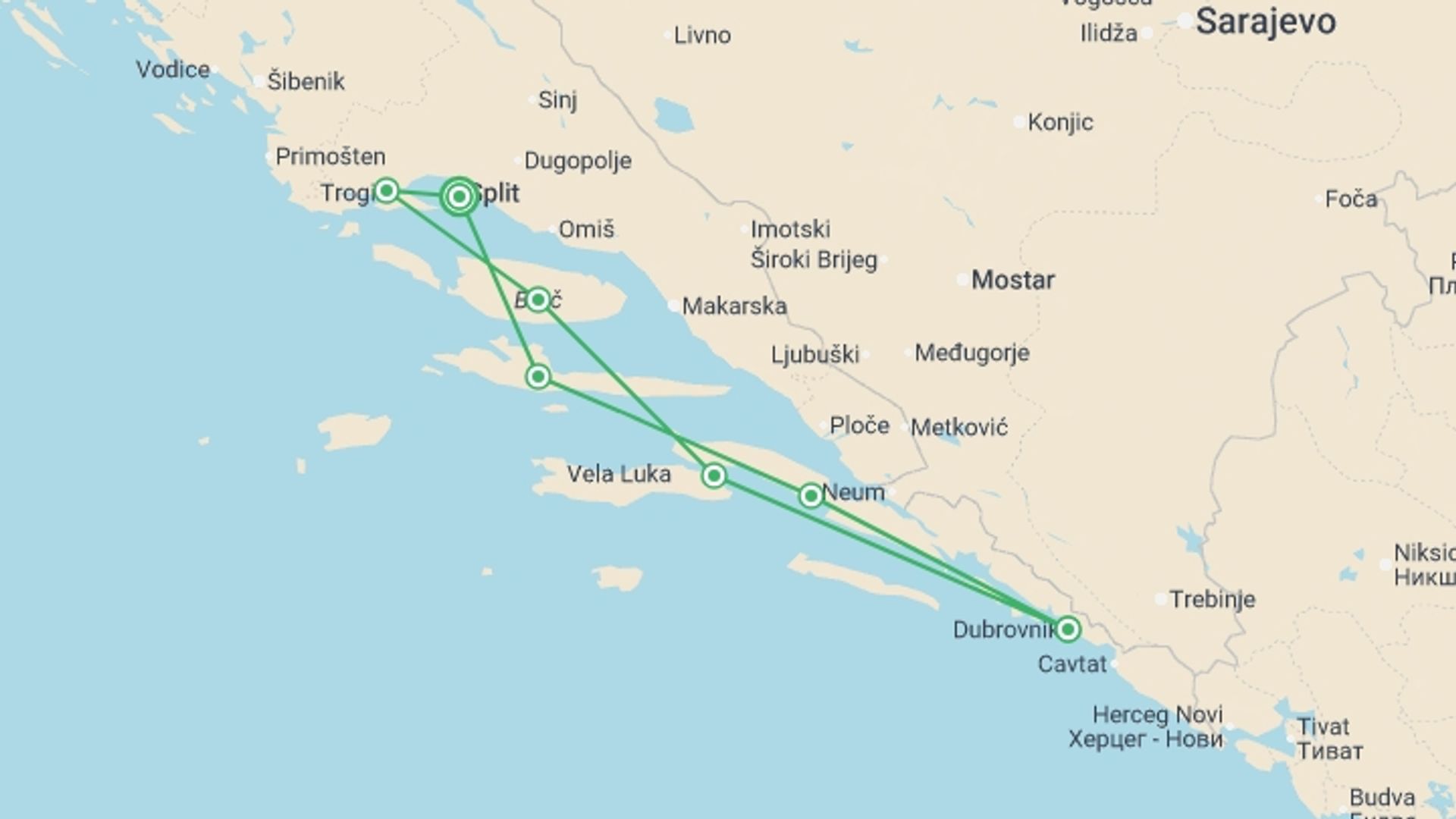 A map showing the tour itinerary for the trip: Dalmatian Elegance, starting in Split, Croatia and ending in Split, Croatia going through 6 other destinations.