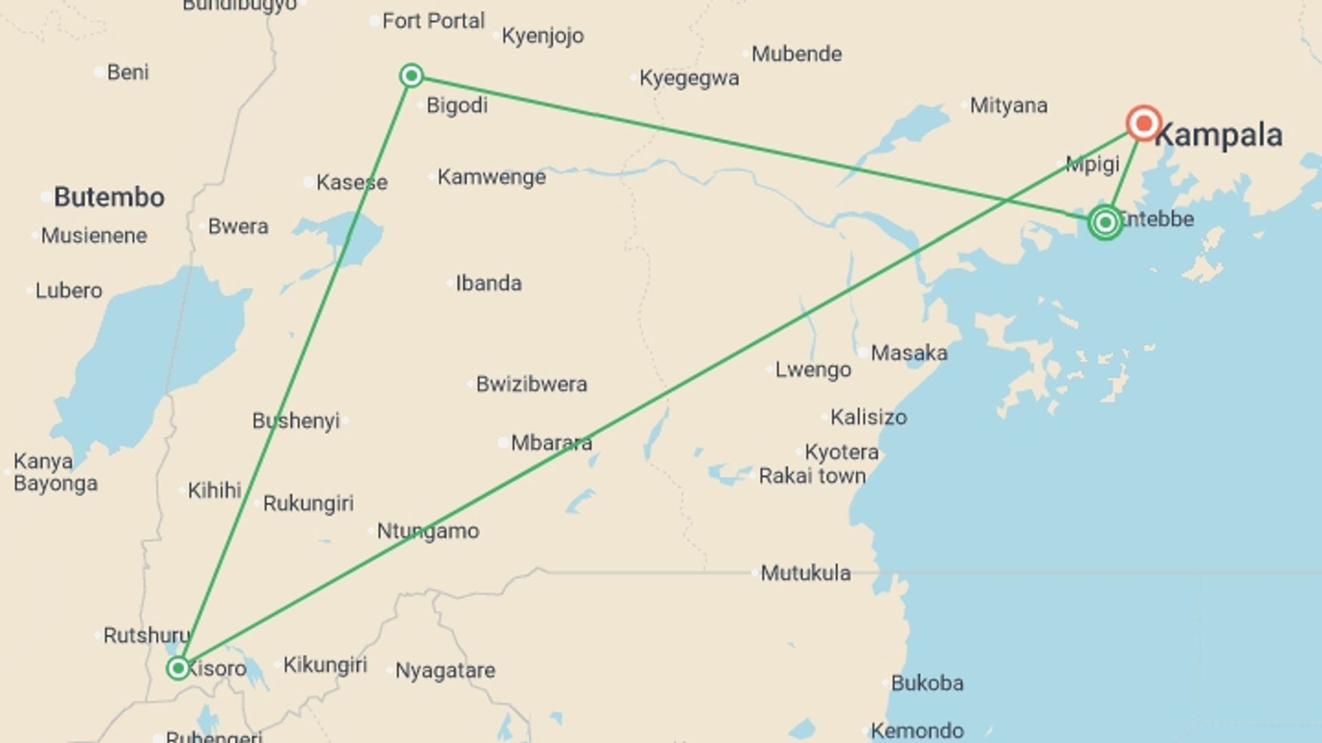 A map showing the tour itinerary for the trip: Gorillas & Chimps Safari 7D/6N, starting in Entebbe, Uganda and ending in Kampala, Uganda going through 2 other destinations.