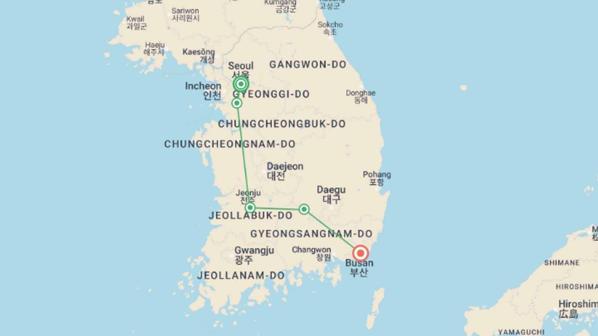 A map showing the tour itinerary for the trip: Flavors and Colors of Korea, starting in Seoul, South Korea and ending in Busan, South Korea going through 1 other destinations.