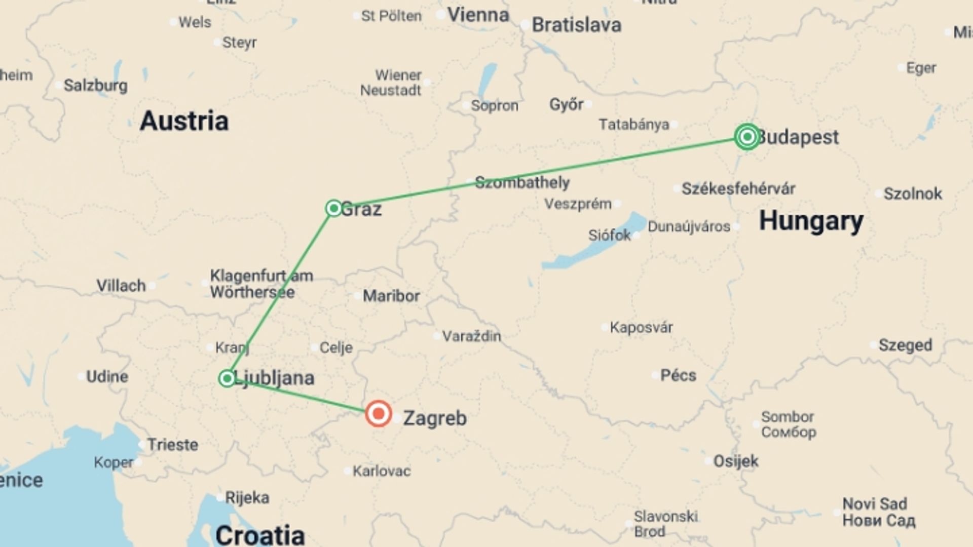 A map showing the tour itinerary for the trip: Europe Christmas Markets: Budapest to Zagreb, starting in Budapest, Hungary and ending in Zagreb, Croatia going through 2 other destinations.