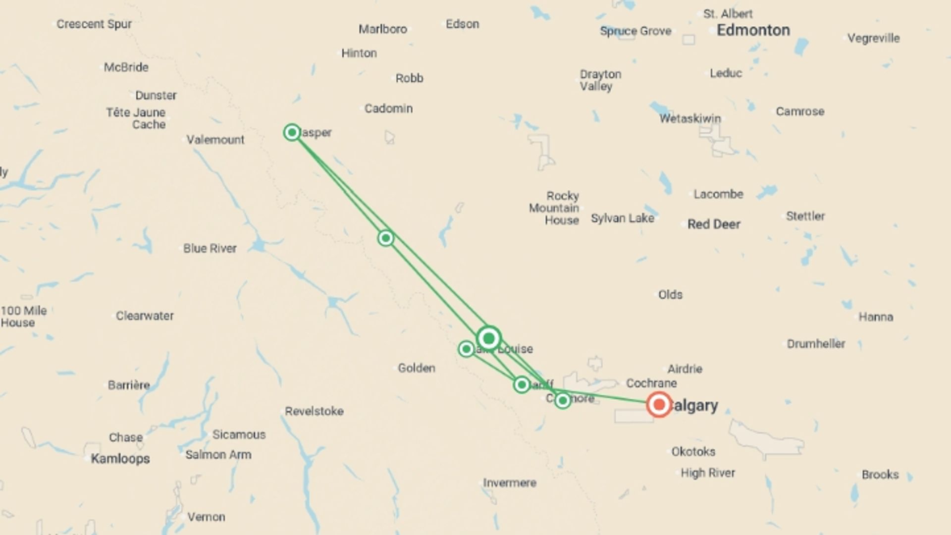 A map showing the tour itinerary for the trip: Spectacular Rockies and Glaciers of Alberta, starting in Banff National Park, Canada and ending in Calgary, Canada going through 5 other destinations.