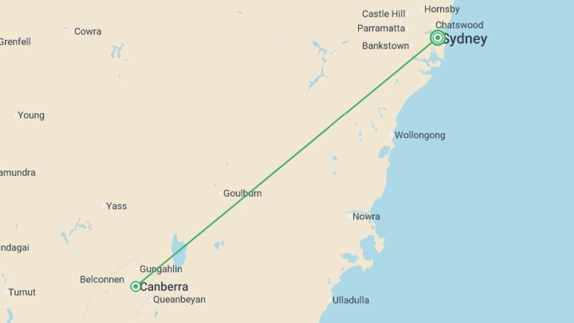 A map showing the tour itinerary for the trip: Capital Blooms, starting in Sydney, Australia and ending in Sydney, Australia going through 2 other destinations.