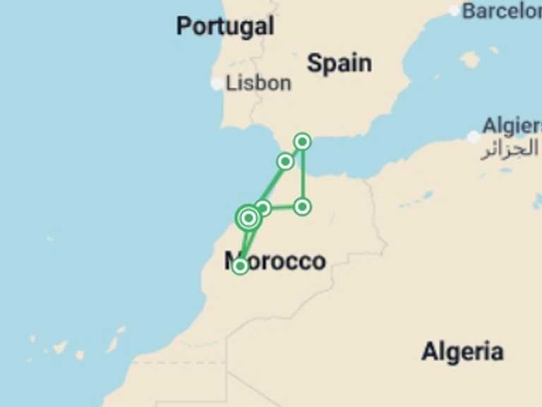 Map itinerary of Mediterranean Tour in July 2026 with 4 destination visits for the trip: Morocco 5-day Tour From Málaga With Accommodation (c-550)
