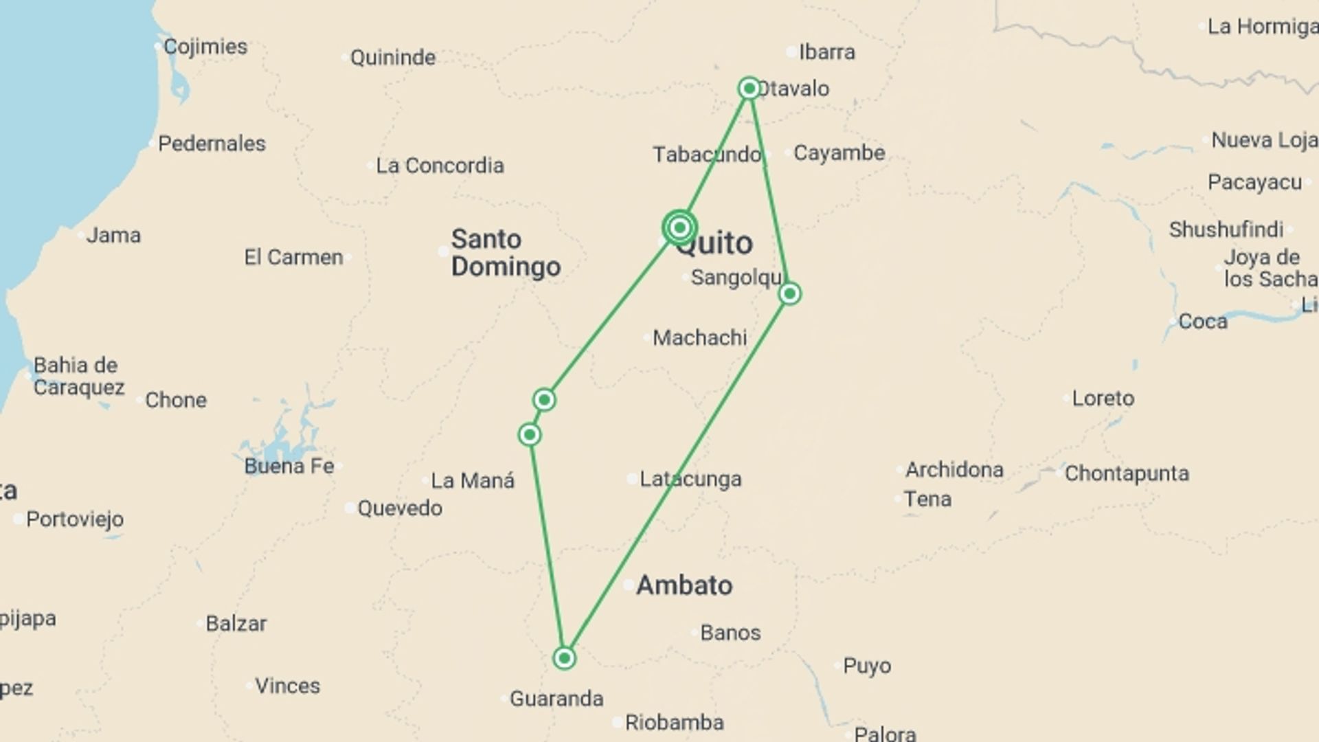 A map showing the tour itinerary for the trip: Ecuador Active Adventure - 8 days, starting in Quito, Ecuador and ending in Quito, Ecuador going through 5 other destinations.