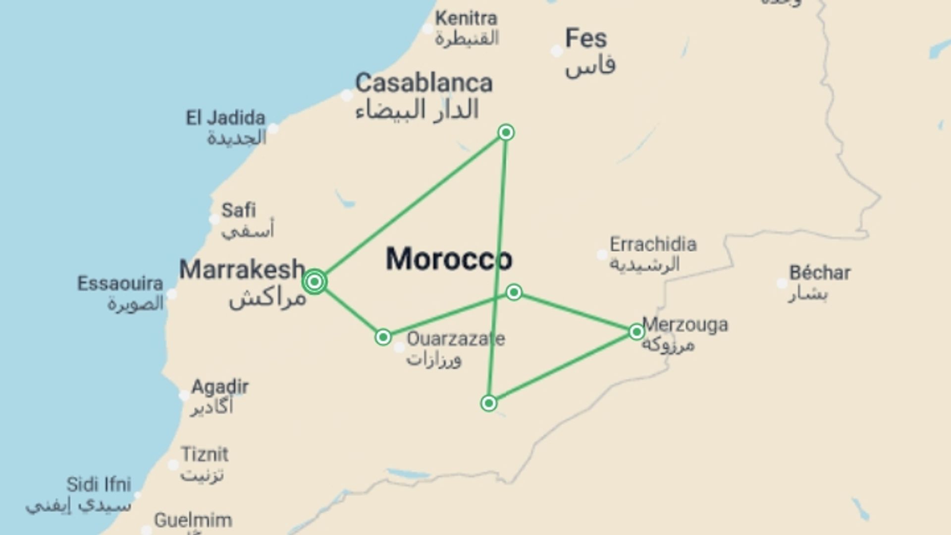 A map showing the tour itinerary for the trip: Marrakech & the Sahara, starting in Marrakech, Morocco and ending in Marrakech, Morocco going through 7 other destinations.