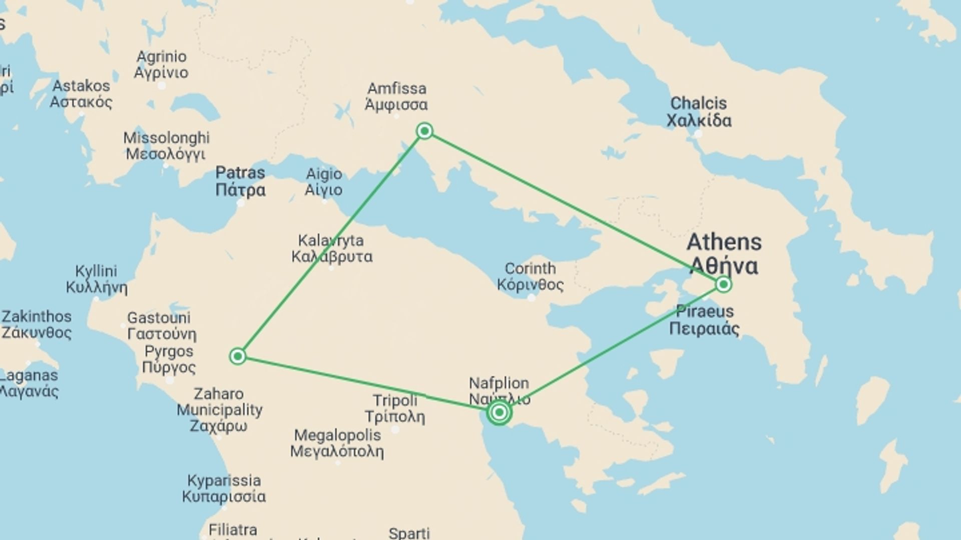 A map showing the tour itinerary for the trip: 4 Days Mainland Greece With Meteora And Nafplion, starting in Nafplion, Greece and ending in Nafplion, Greece going through 3 other destinations.