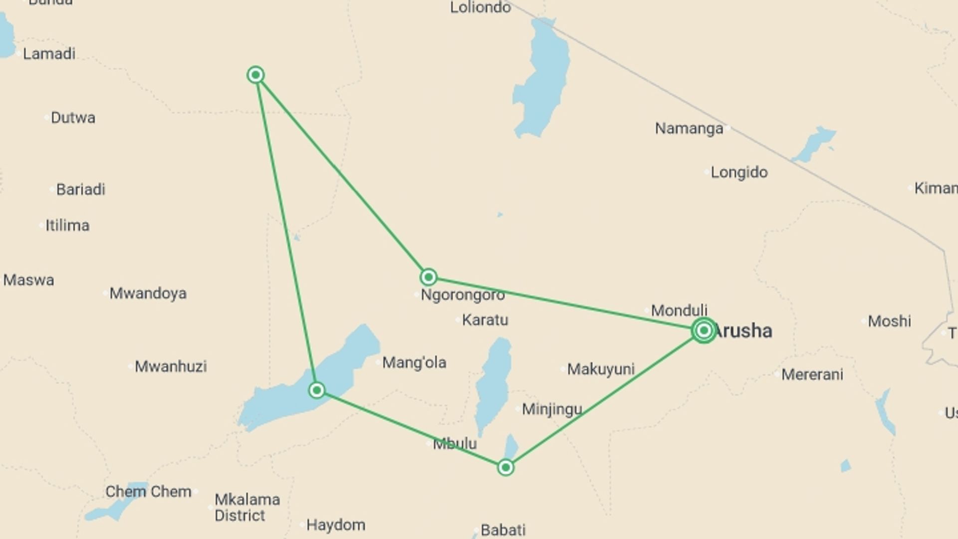 A map showing the tour itinerary for the trip: Tanzania Safari Adventure, starting in Arusha, Tanzania and ending in Arusha, Tanzania going through 4 other destinations.