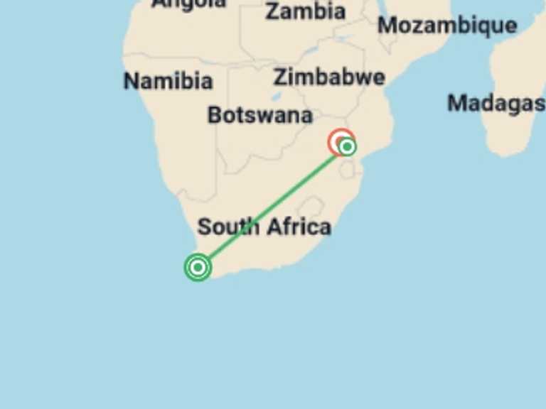 Map itinerary of Cape Town Tour in October 2026 with 3 destination visits for the trip: Cape Town & Kruger (Mantobeni Camp) - 9 days