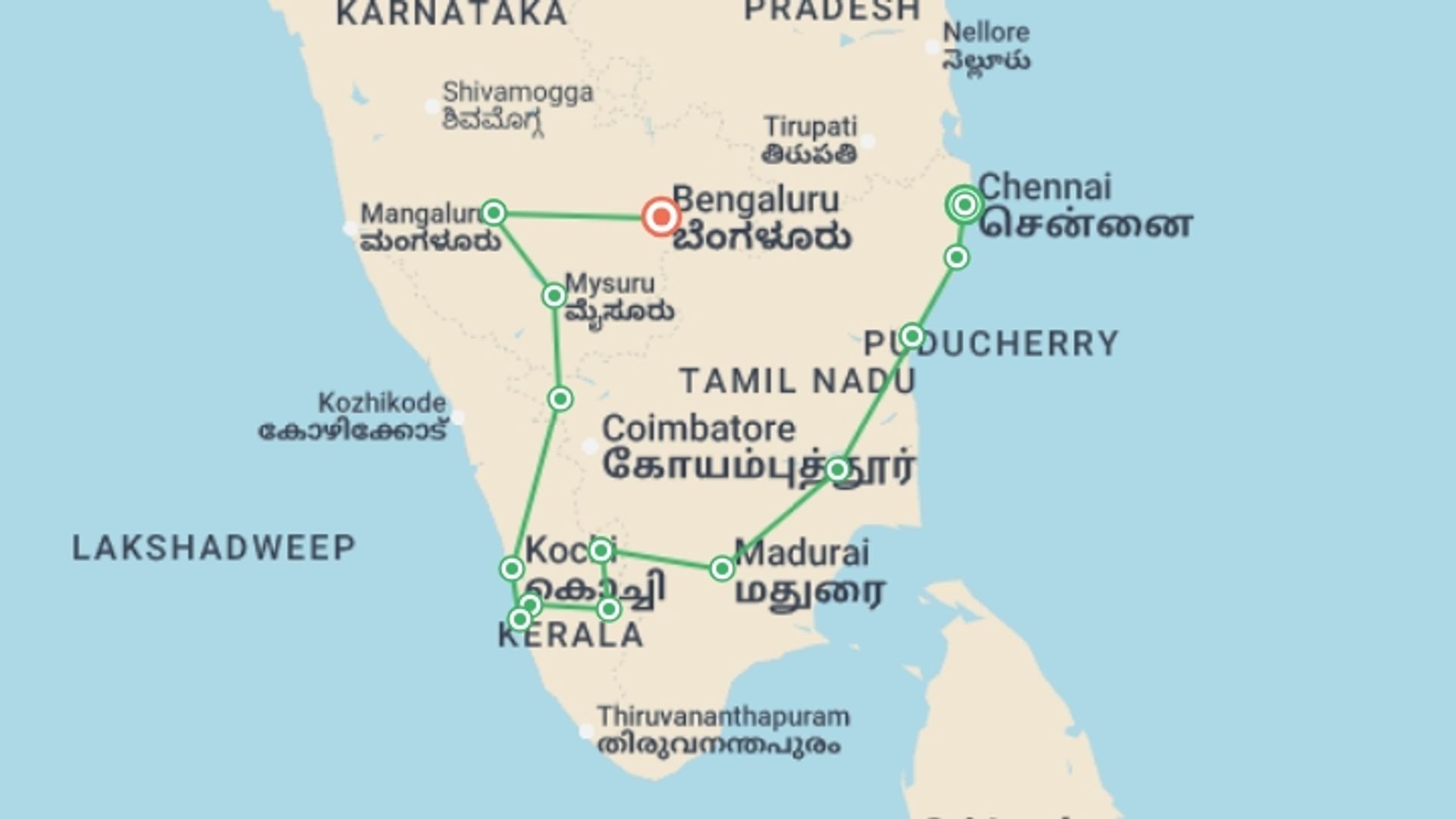 A map showing the tour itinerary for the trip: Chennai to Bangalore - 18 days, starting in Chennai, India and ending in Bangalore, India going through 12 other destinations.
