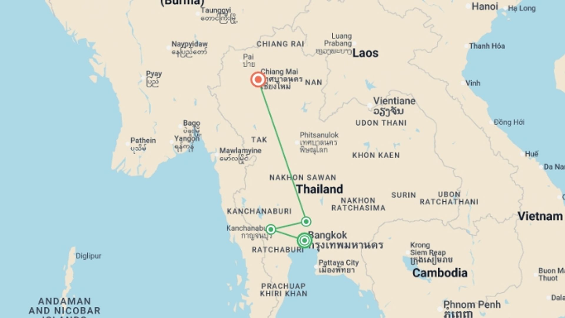 A map showing the tour itinerary for the trip: Thailand Real Food Adventure, starting in Bangkok, Thailand and ending in Chiang Mai, Thailand going through 2 other destinations.