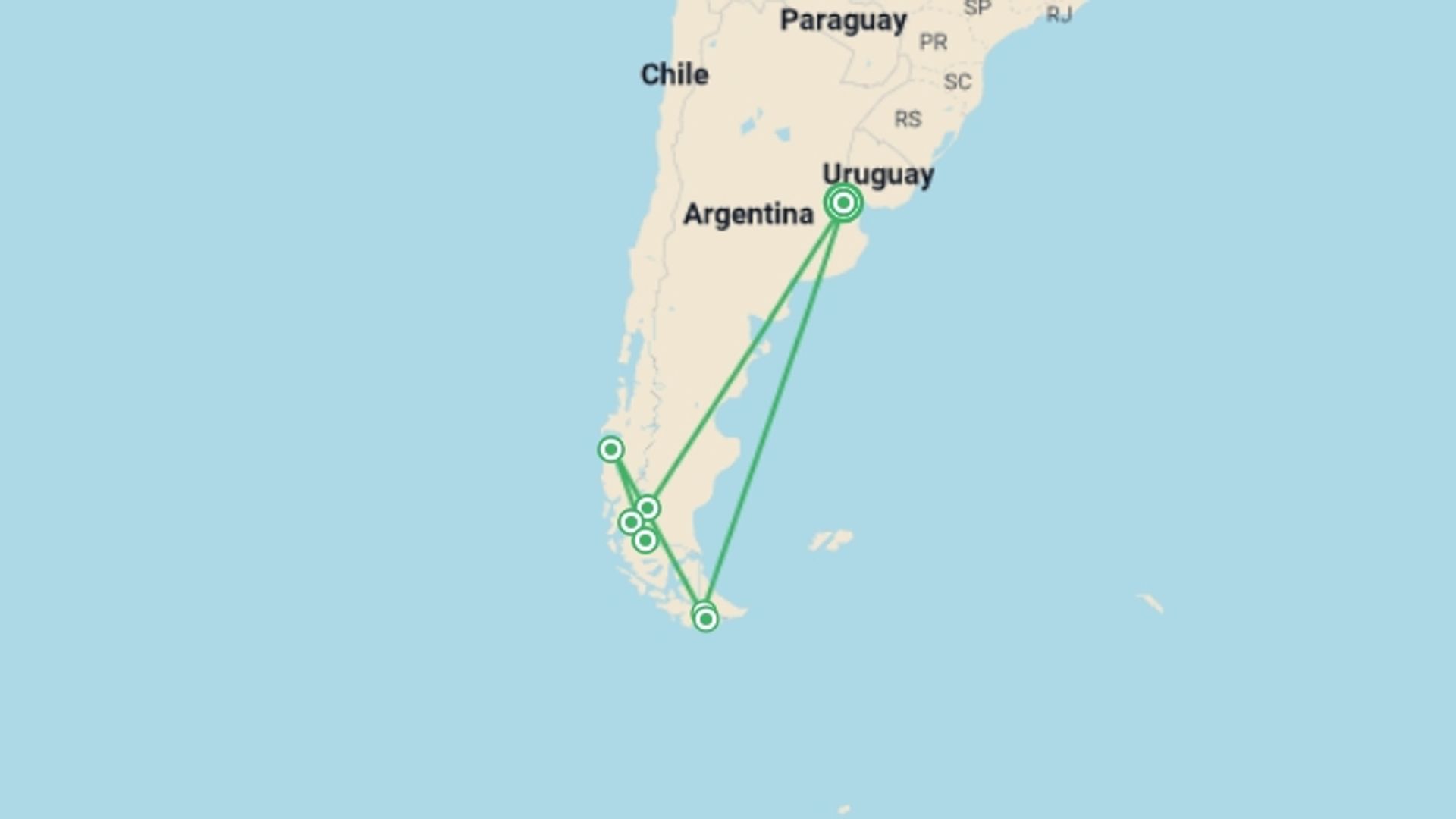 A map showing the tour itinerary for the trip: Patagonia, starting in Buenos Aires, Argentina and ending in Buenos Aires, Argentina going through 5 other destinations.