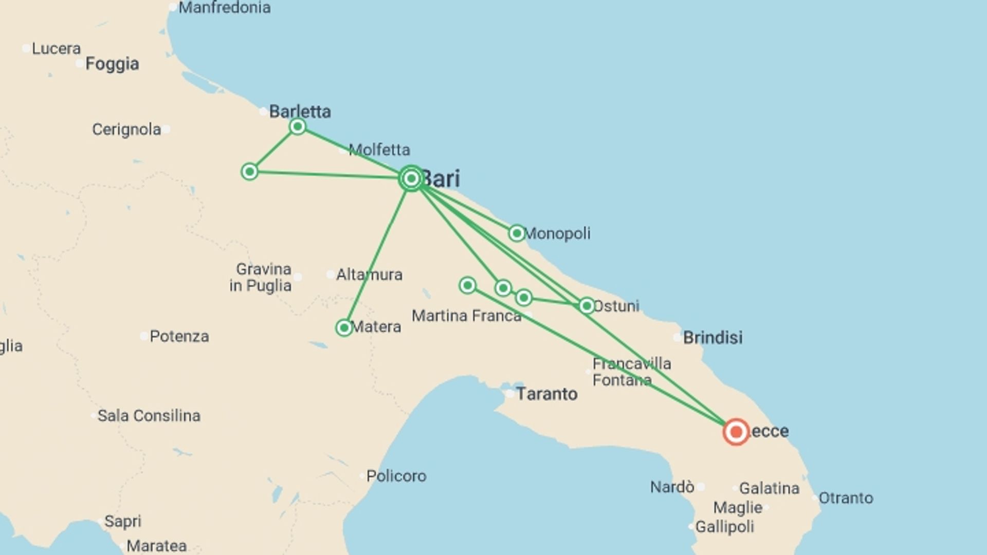 A map showing the tour itinerary for the trip: Classic Puglia - 9 days, starting in Bari, Italy and ending in Lecce, Italy going through 1 other destinations.