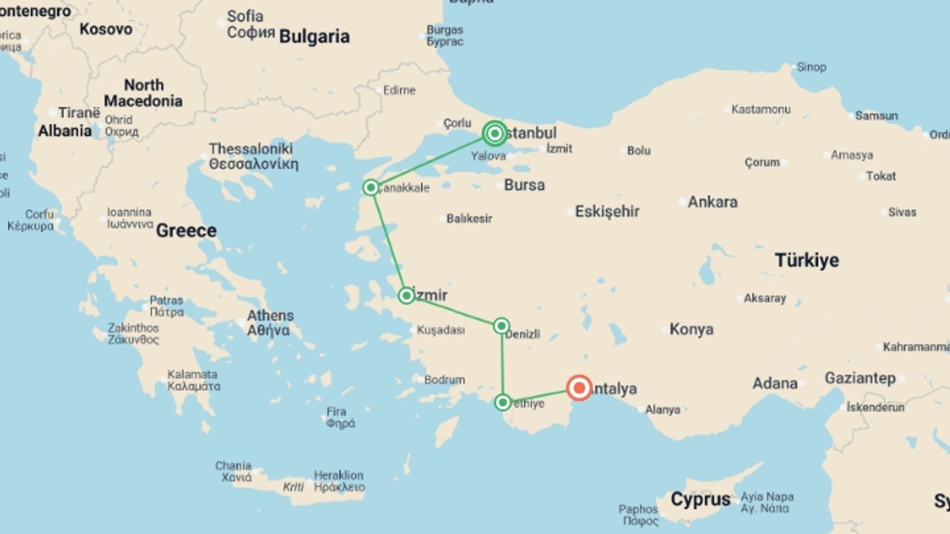 A map showing the tour itinerary for the trip: Turkey Revealed - 11 days, starting in Istanbul, Turkey and ending in Antalya, Turkey going through 4 other destinations.