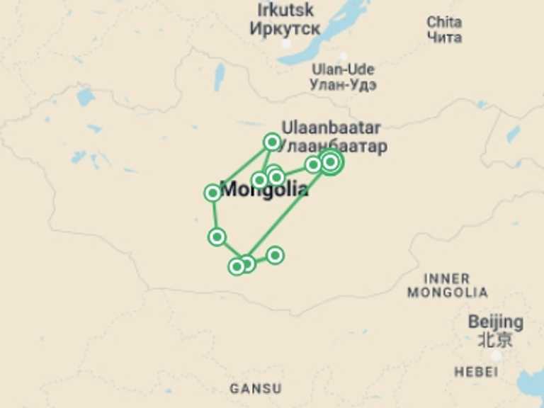 Map itinerary of Ulaanbaatar Tour in July 2026 with 11 destination visits for the trip: Gobi Desert Explorer
