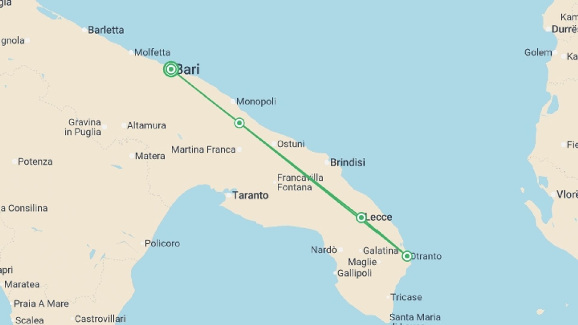 A map showing the tour itinerary for the trip: Puglia & Salento Discovery: 8 Days From Bari To Lecce, Self-drive, starting in undefined, Italy and ending in undefined, Italy going through 0 other destinations.