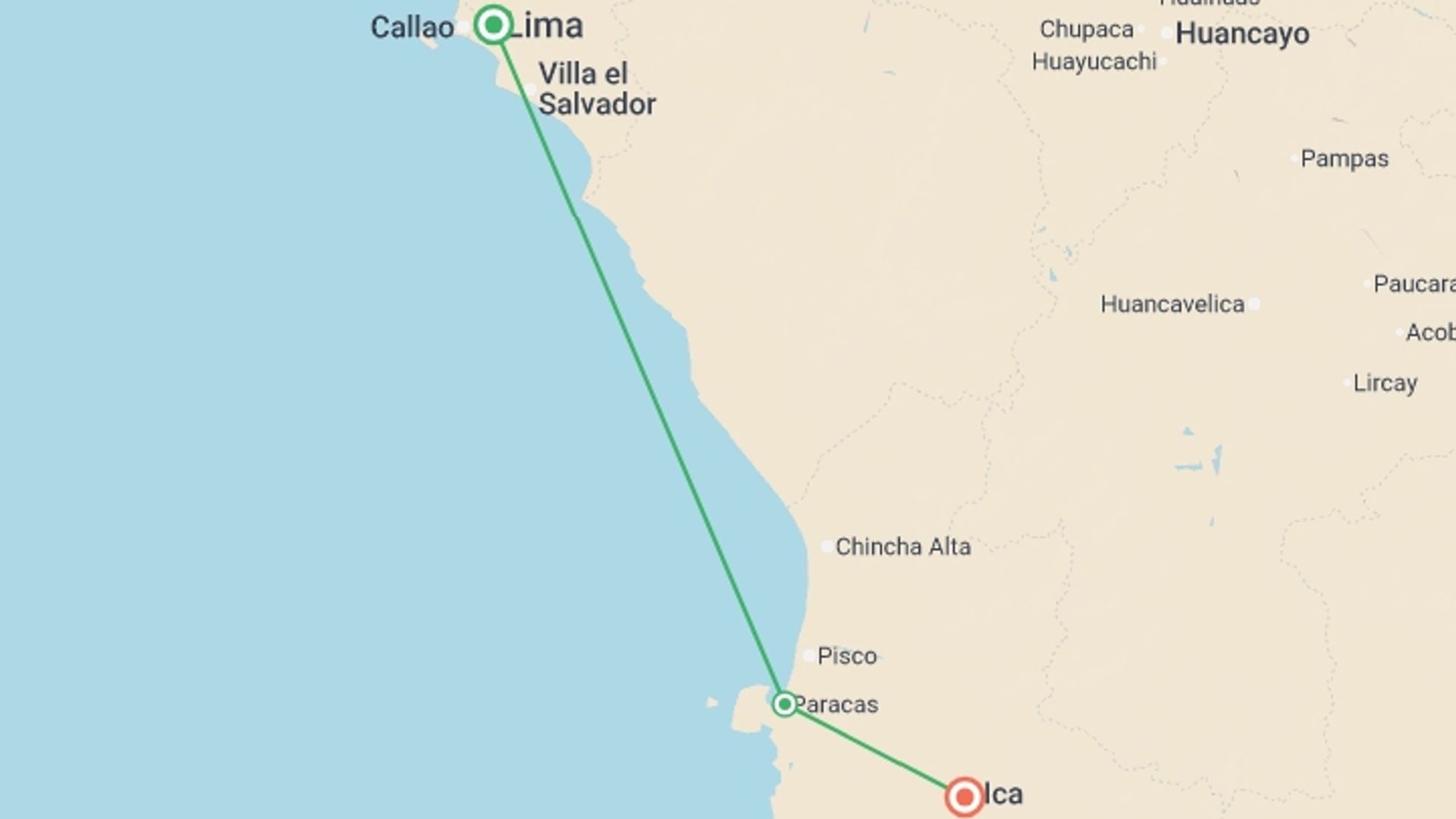 A map showing the tour itinerary for the trip: Sandboarding & Nazca Lines Adventure 3D/2N, starting in Lima, Peru and ending in Huacachina, Peru going through 1 other destinations.