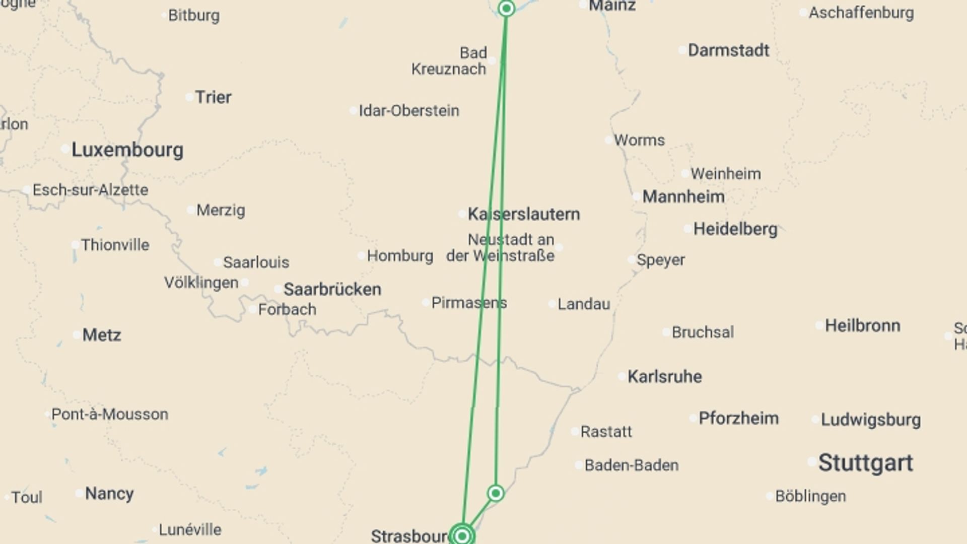 A map showing the tour itinerary for the trip: The Magic of Christmas: Savory delights and holiday traditions on a Rhine River cruise (port-to-port cruise), starting in Strasbourg, France and ending in Strasbourg, France going through 2 other destinations.