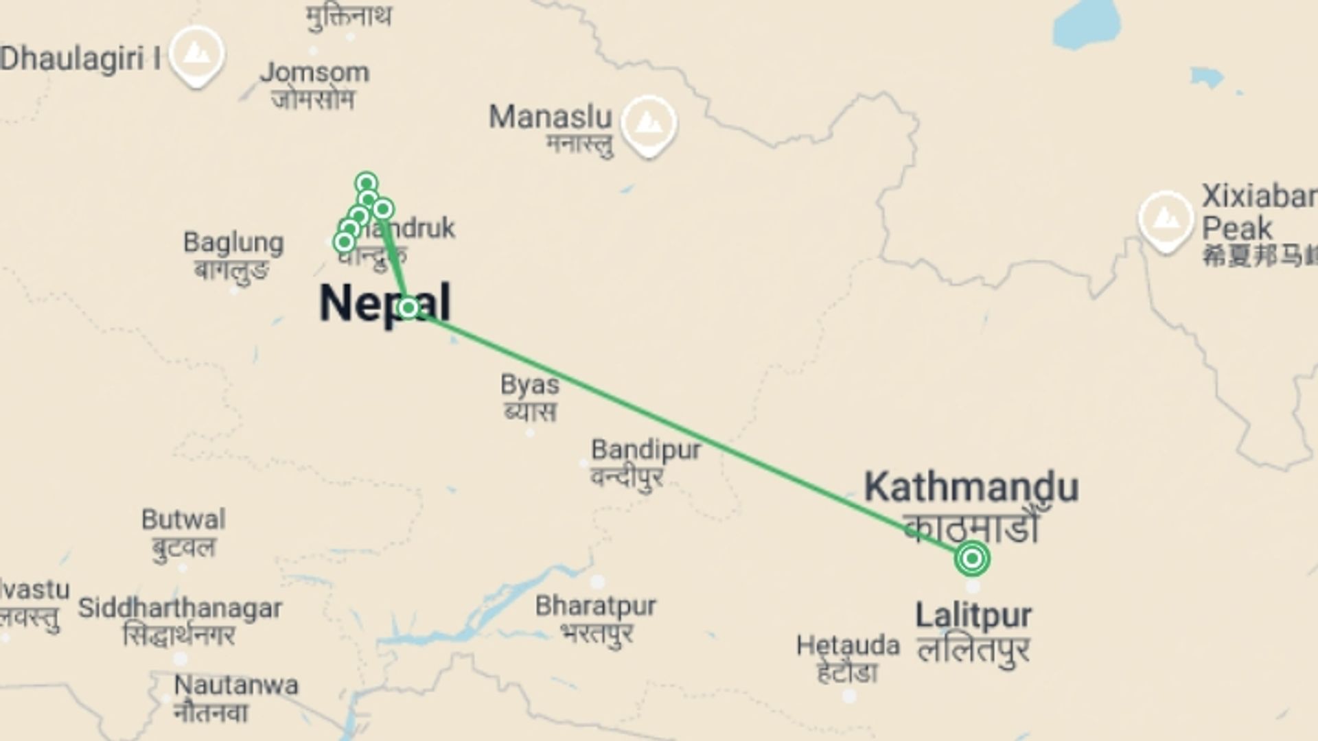 A map showing the tour itinerary for the trip: Mardi Himal Trek, starting in Kathmandu, Nepal and ending in Kathmandu, Nepal going through 7 other destinations.