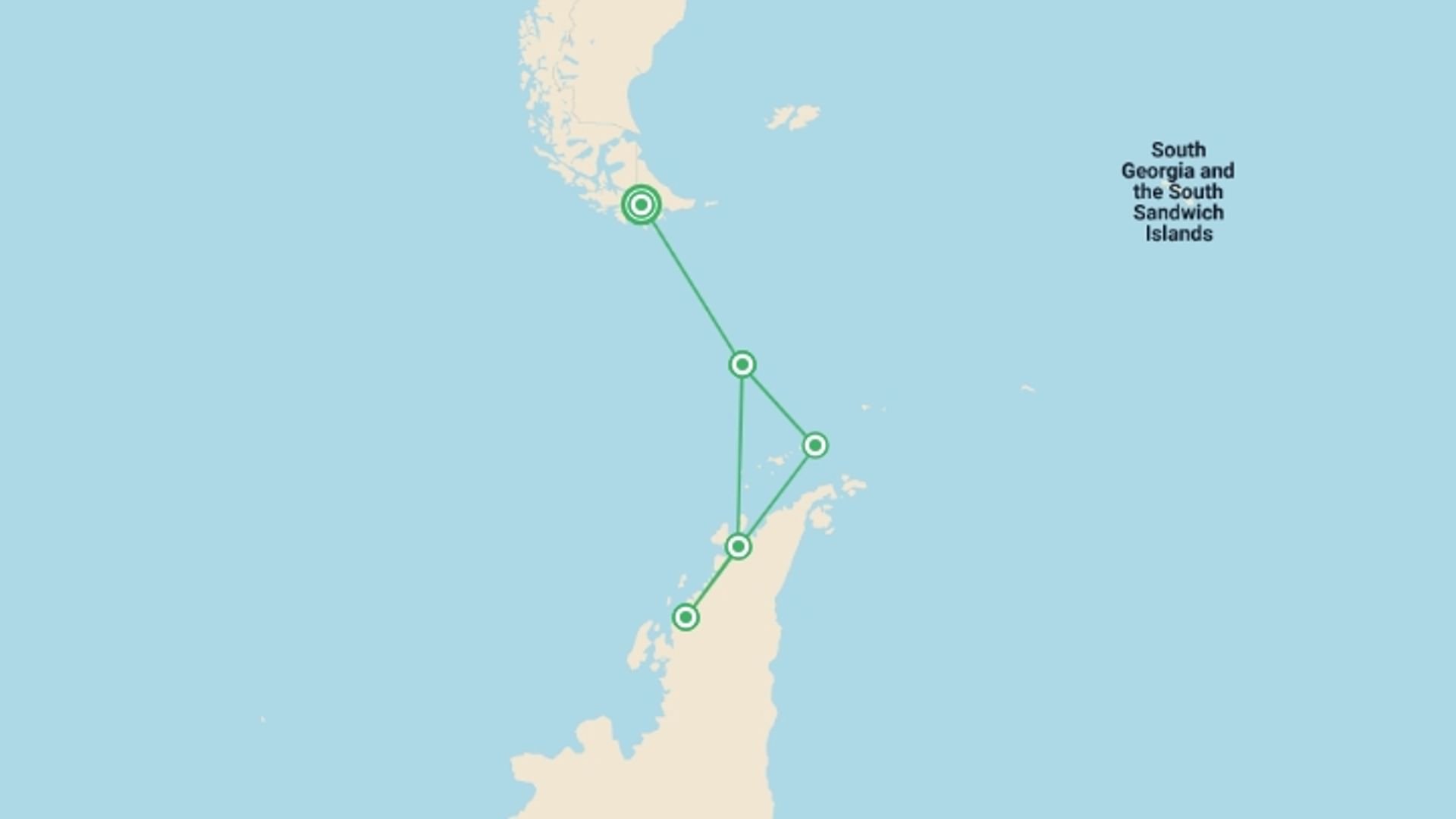 A map showing the tour itinerary for the trip: Antarctic Circle - M/V Ocean Victory, starting in Ushuaia, Argentina and ending in Ushuaia, Argentina going through 4 other destinations.