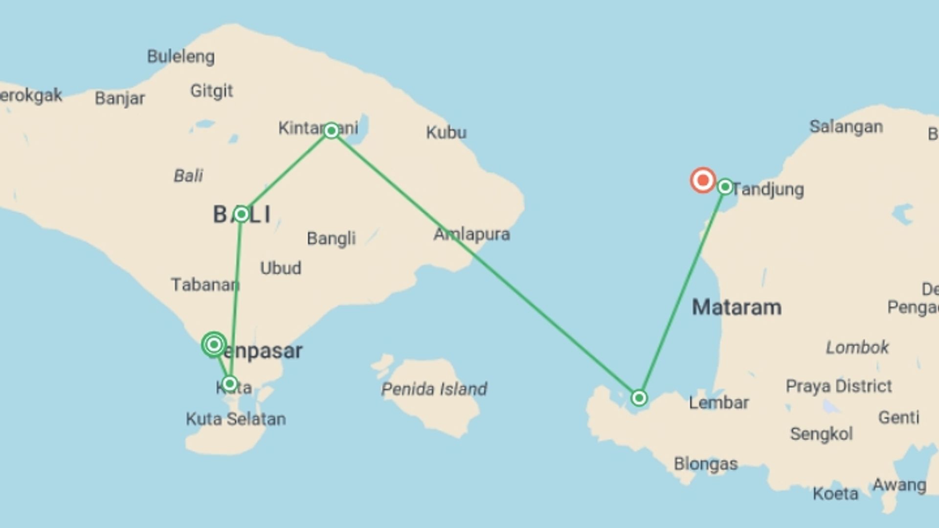 A map showing the tour itinerary for the trip: Bali Experience, starting in Canggu, Indonesia and ending in Gili Trawangan, Indonesia going through 5 other destinations.