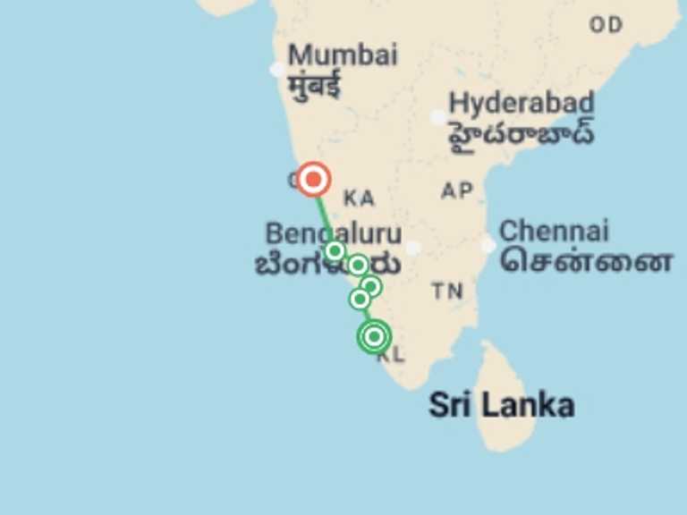 Map itinerary of India Tour in December 2026 with 7 destination visits for the trip: Upgraded - South India: Kerala to Goa