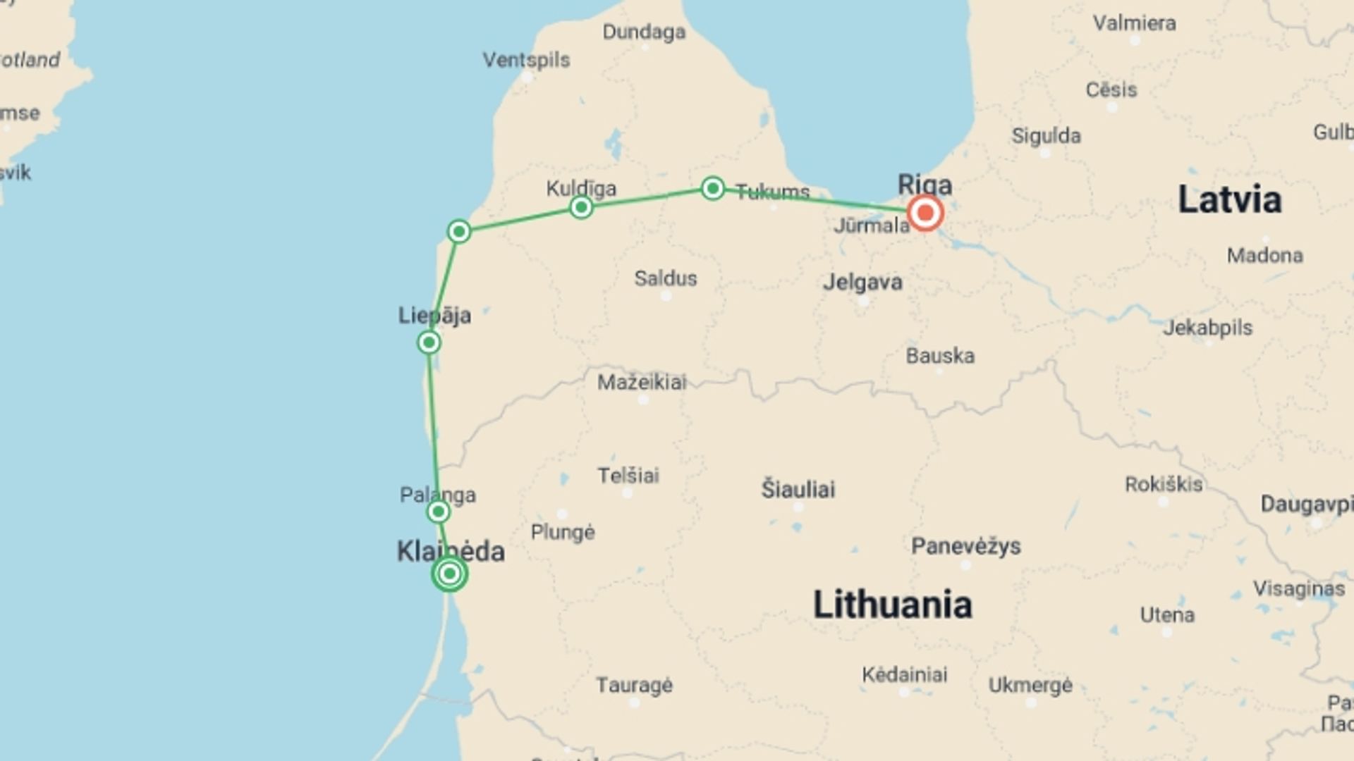 A map showing the tour itinerary for the trip: Latvia and Lithuania Self Guided Cycle Explorer, starting in Klaipeda, lithuania and ending in Riga, Latvia going through 5 other destinations.