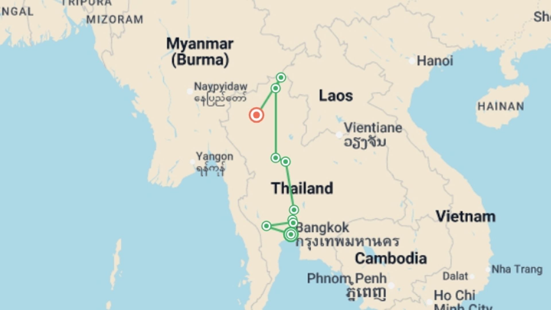 A map showing the tour itinerary for the trip: River Kwai & Northern Thailand - 8 days, starting in Bangkok, Thailand and ending in Chiang Mai, Thailand going through 4 other destinations.