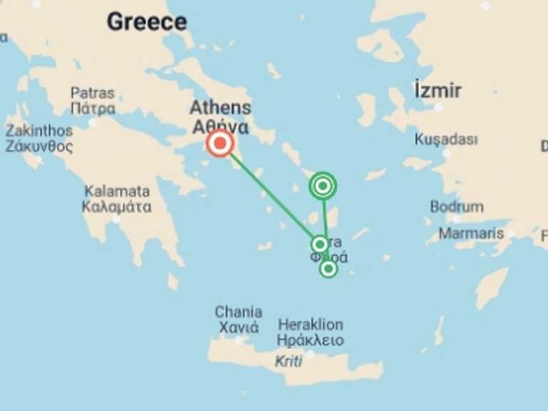 Map of Europe Volcanoes Tour with 4 destination visits for the trip: Mykonos to Athens