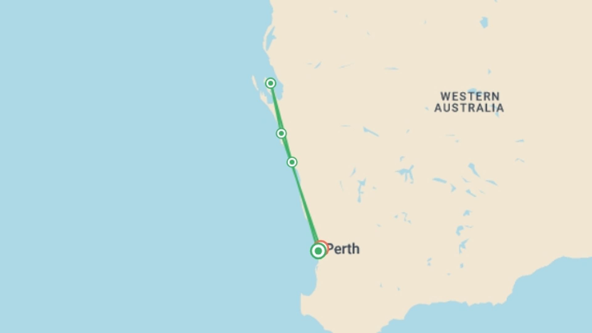 A map showing the tour itinerary for the trip: Monkey Mia Dolphins and West Coast, starting in Fremantle, Australia and ending in Perth, Australia going through 3 other destinations.