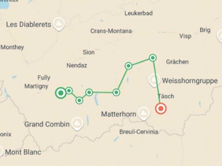Map itinerary of Switzerland Tour in September 2026 with 7 destination visits for the trip: Haute Route - Switzerland Guided Hike