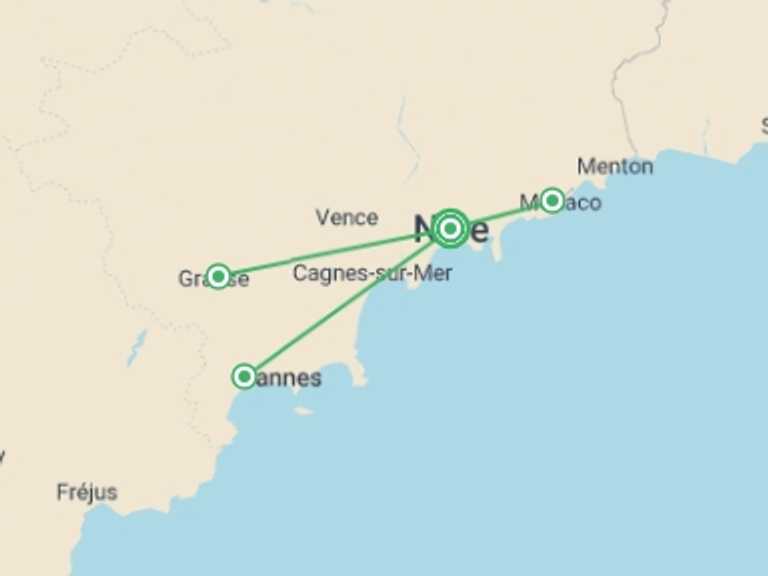 Map itinerary of France Tour in November 2026 with 1 destination visits for the trip: Spotlight on the French Riviera 