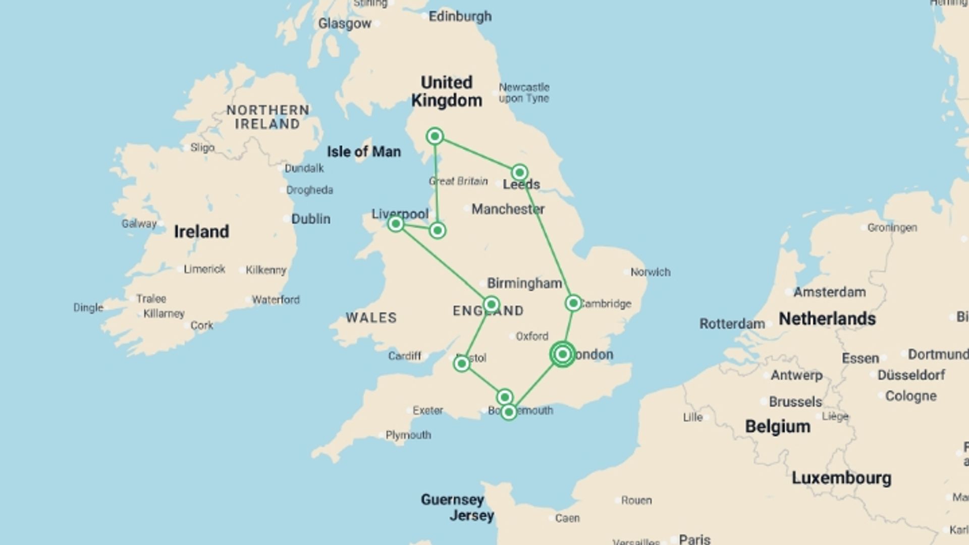 A map showing the tour itinerary for the trip: British Gardens and the Chelsea Flower Show, starting in London, England and ending in London, England going through 8 other destinations.