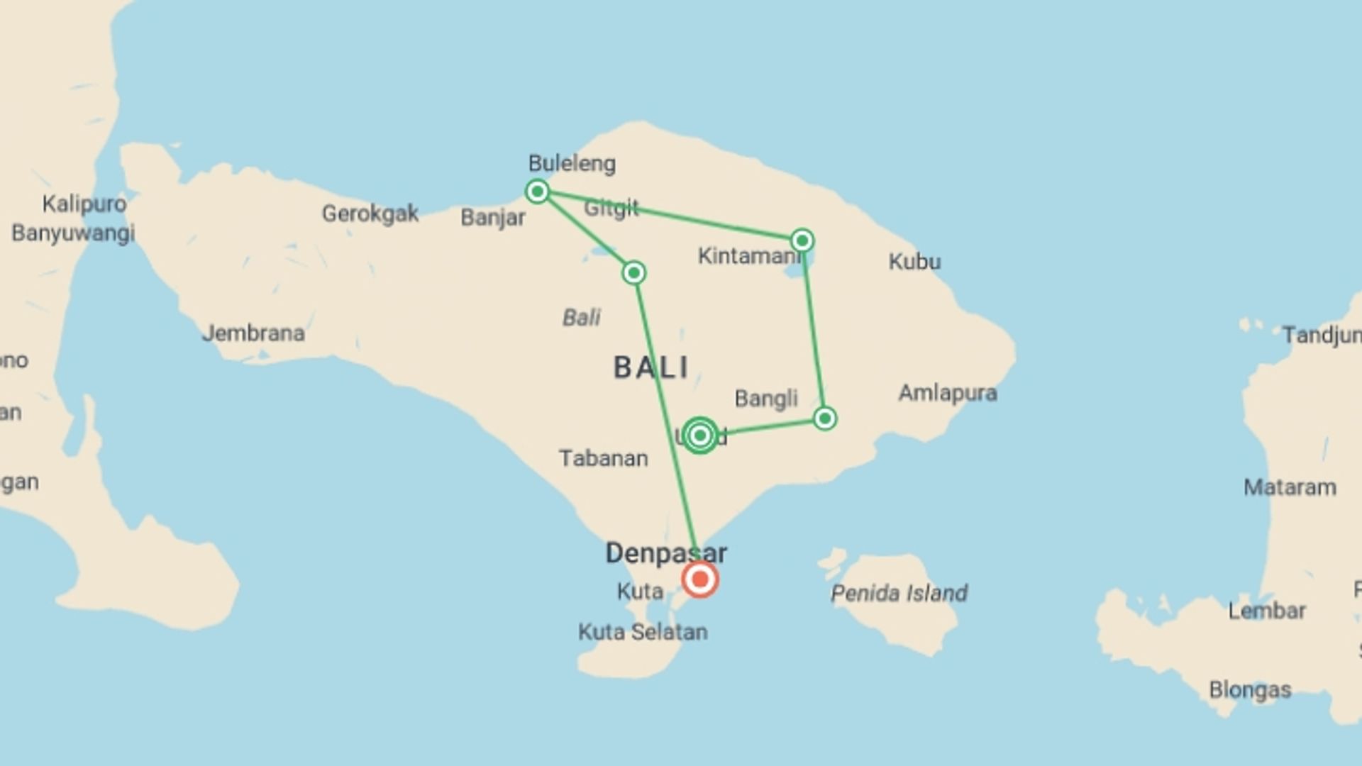 A map showing the tour itinerary for the trip: Beautiful Bali, starting in Ubud, Indonesia and ending in Sanur, Indonesia going through 5 other destinations.