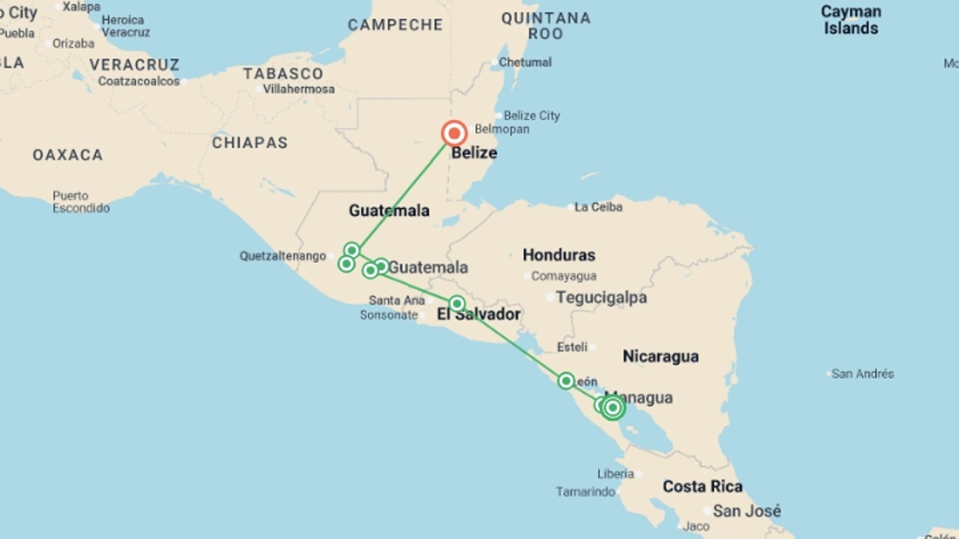 A map showing the tour itinerary for the trip: Central America Uncovered - 19 days, starting in Granada, Costa Rica and ending in San Ignacio, Belize going through 6 other destinations.