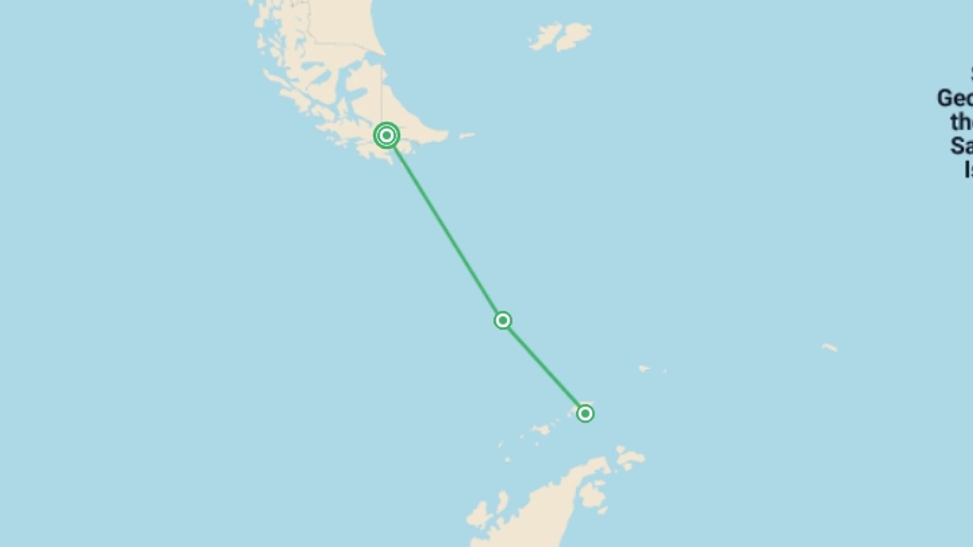 A map showing the tour itinerary for the trip: Antarctica Springs to Life (Ocean Victory), starting in Ushuaia, Argentina and ending in Ushuaia, Argentina going through 1 other destinations.