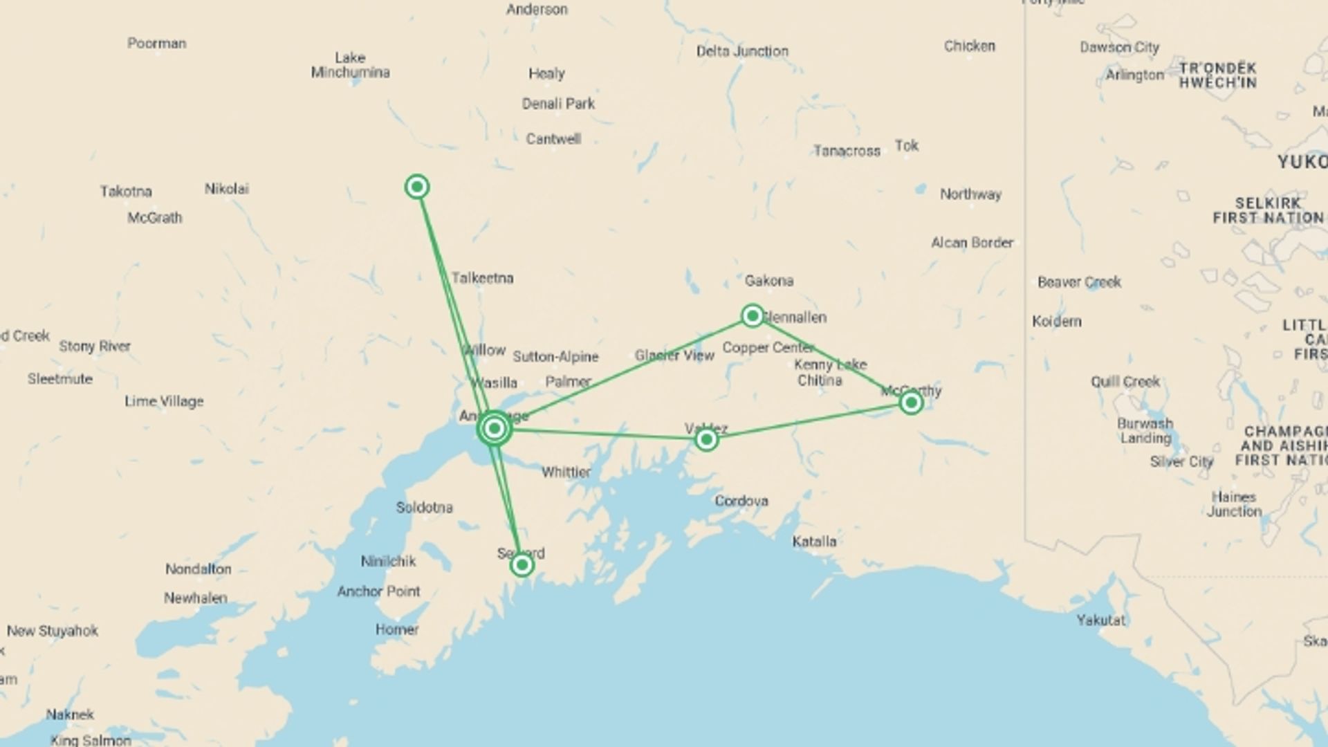 A map showing the tour itinerary for the trip: Ultimate Active Alaska, starting in Anchorage, USA and ending in Anchorage, USA going through 5 other destinations.