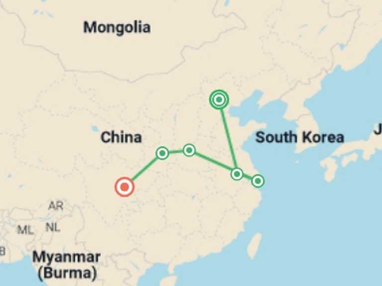 Map itinerary of Asia Tour in November 2026 with 6 destination visits for the trip: Golden Triangle in China and Chengdu
