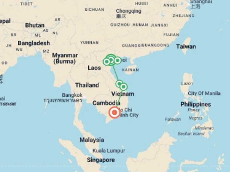 Map itinerary of Hanoi Tour in July 2026 with 6 destination visits for the trip: Hill Tribes, Halong Bay & Beyond - 13 days