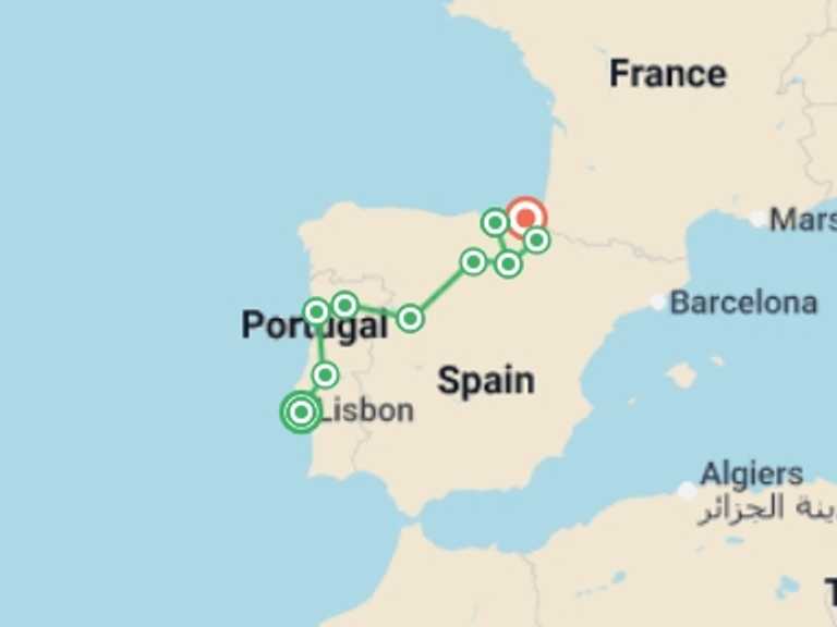 Map of Europe Tour with 8 destination visits for the trip: Flavors of Portugal & Spain featuring the Douro and Rioja Wine Regions