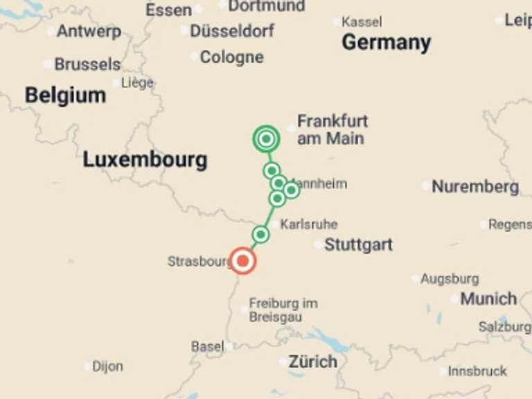 Map itinerary of Europe Tour in Spring with 7 destination visits for the trip: Mainz to Strasbourg by Bike and Barge