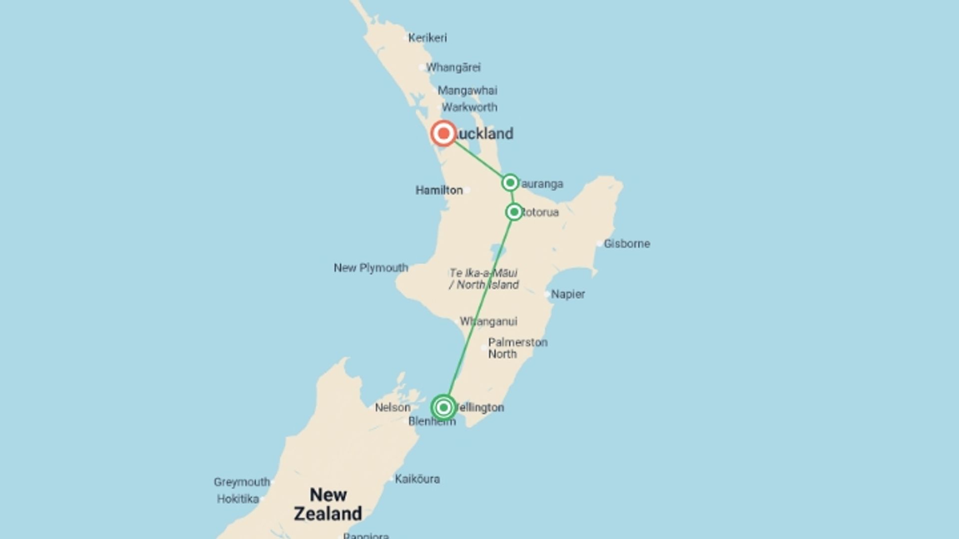 A map showing the tour itinerary for the trip: One Week in New Zealand: North Island, starting in Wellington, New Zealand and ending in Auckland, New Zealand going through 2 other destinations.