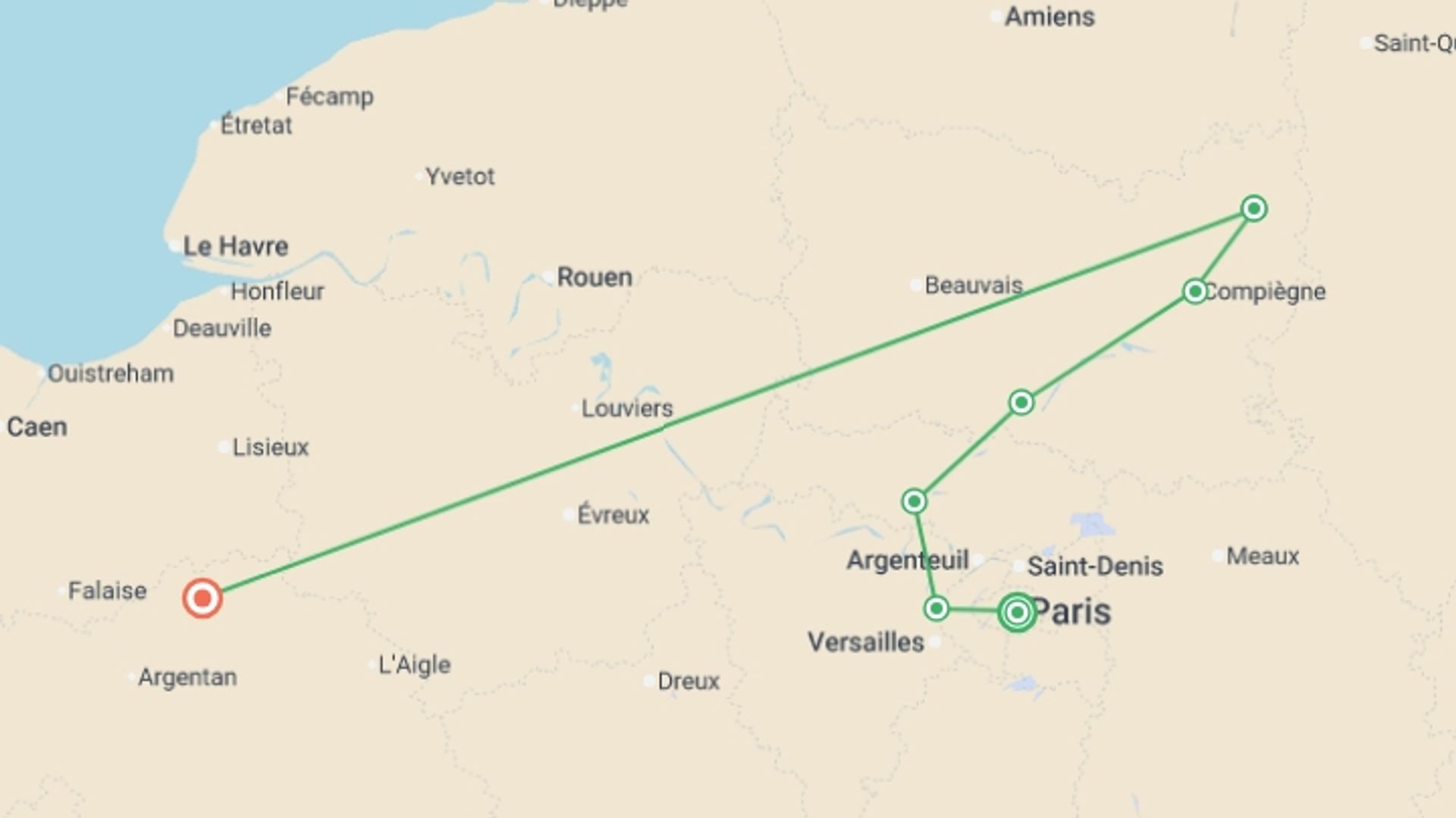 A map showing the tour itinerary for the trip: Historic Residences, Local Cuisine, and Hidden Gems in the Oise Valley (port-to-port cruise), starting in Paris, France and ending in Normandy, France going through 5 other destinations.