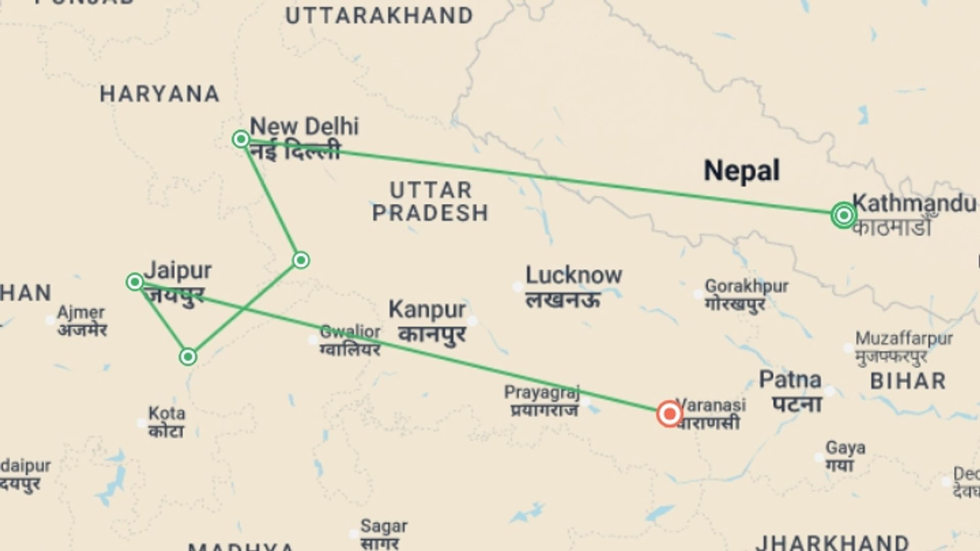 A map showing the tour itinerary for the trip: Best of India, starting in Kathmandu, Nepal and ending in Varanasi, India going through 4 other destinations.