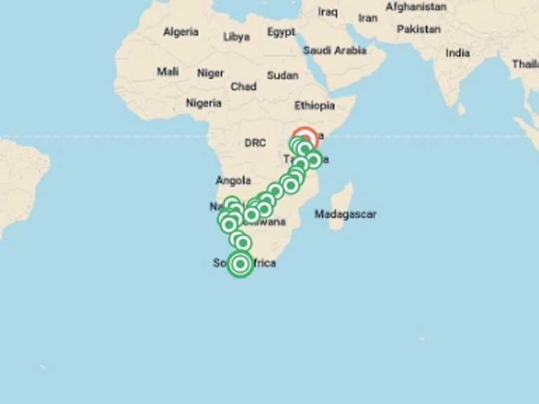 Map itinerary of Africa Tour in September 2026 with 30 destination visits for the trip: Cape Town to Nairobi Overland Safari & Participation Camping