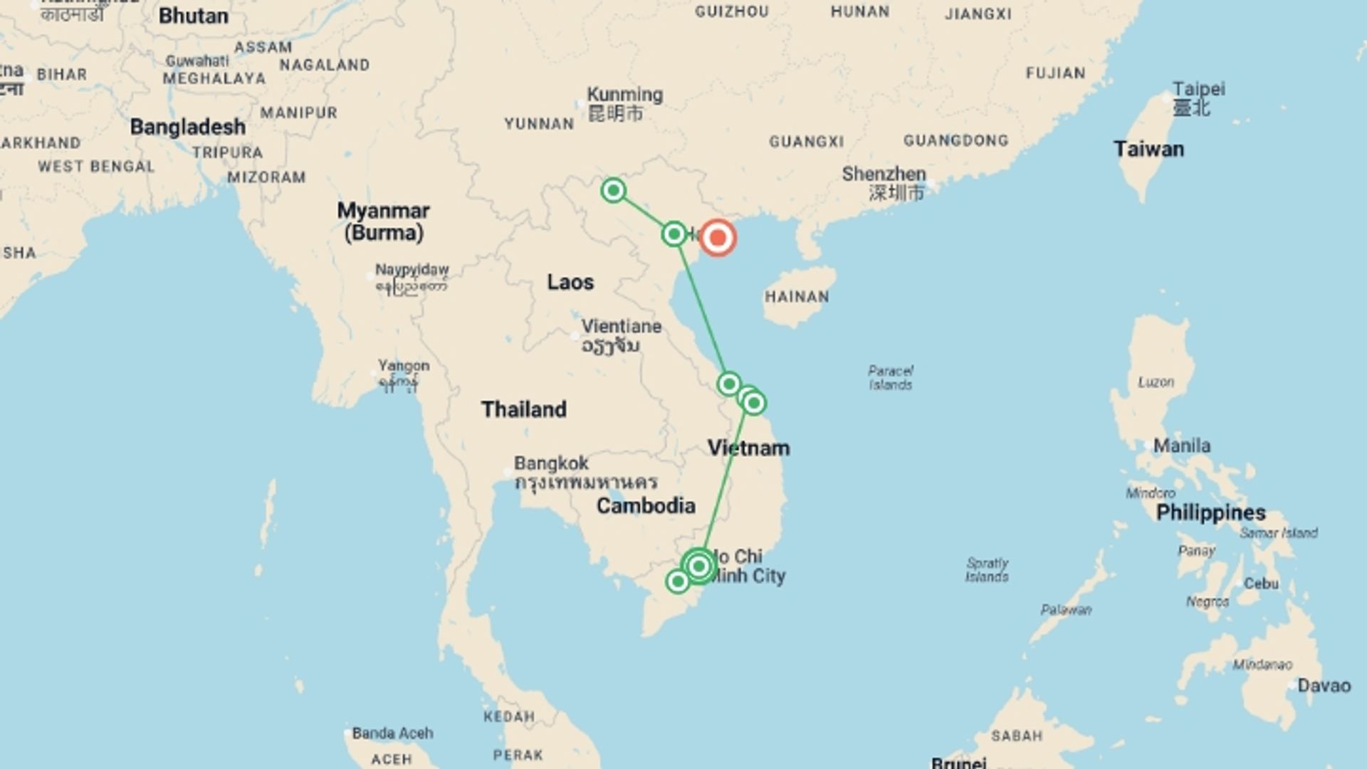 A map showing the tour itinerary for the trip: Vietnam In-Depth, starting in Ho Chi Minh City, Vietnam and ending in Halong Bay, Vietnam going through 6 other destinations.